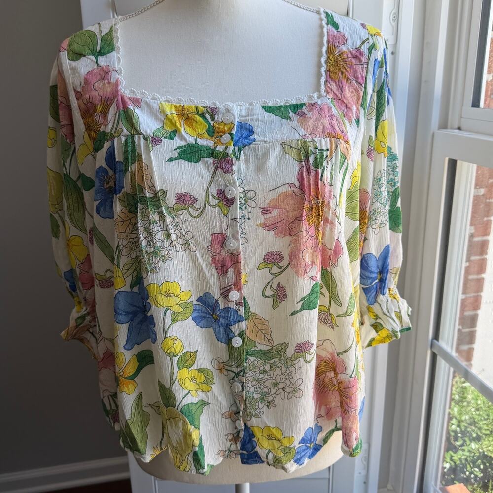 LAURA ASHLEY Floral Boho Blouse Medium Square Neck Puff Sleeve Cottagecore M